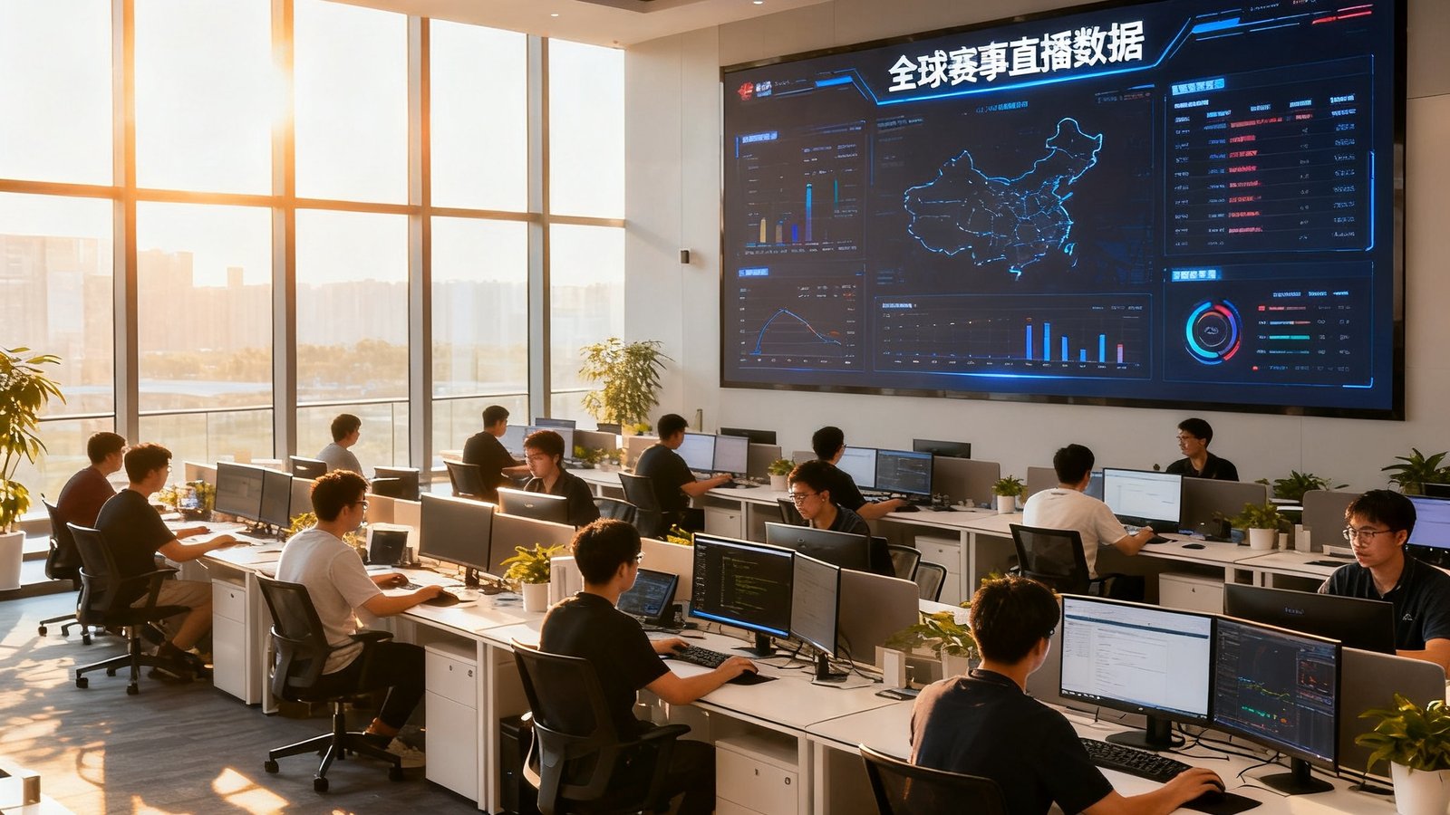 MKSports深圳总部办公室内景，约30名技术团队成员正在开放式办公区协作，墙面大屏幕实时显示全球赛事直播数据，阳光透过落地窗洒在现代化的工位上，气氛专注而充满活力。