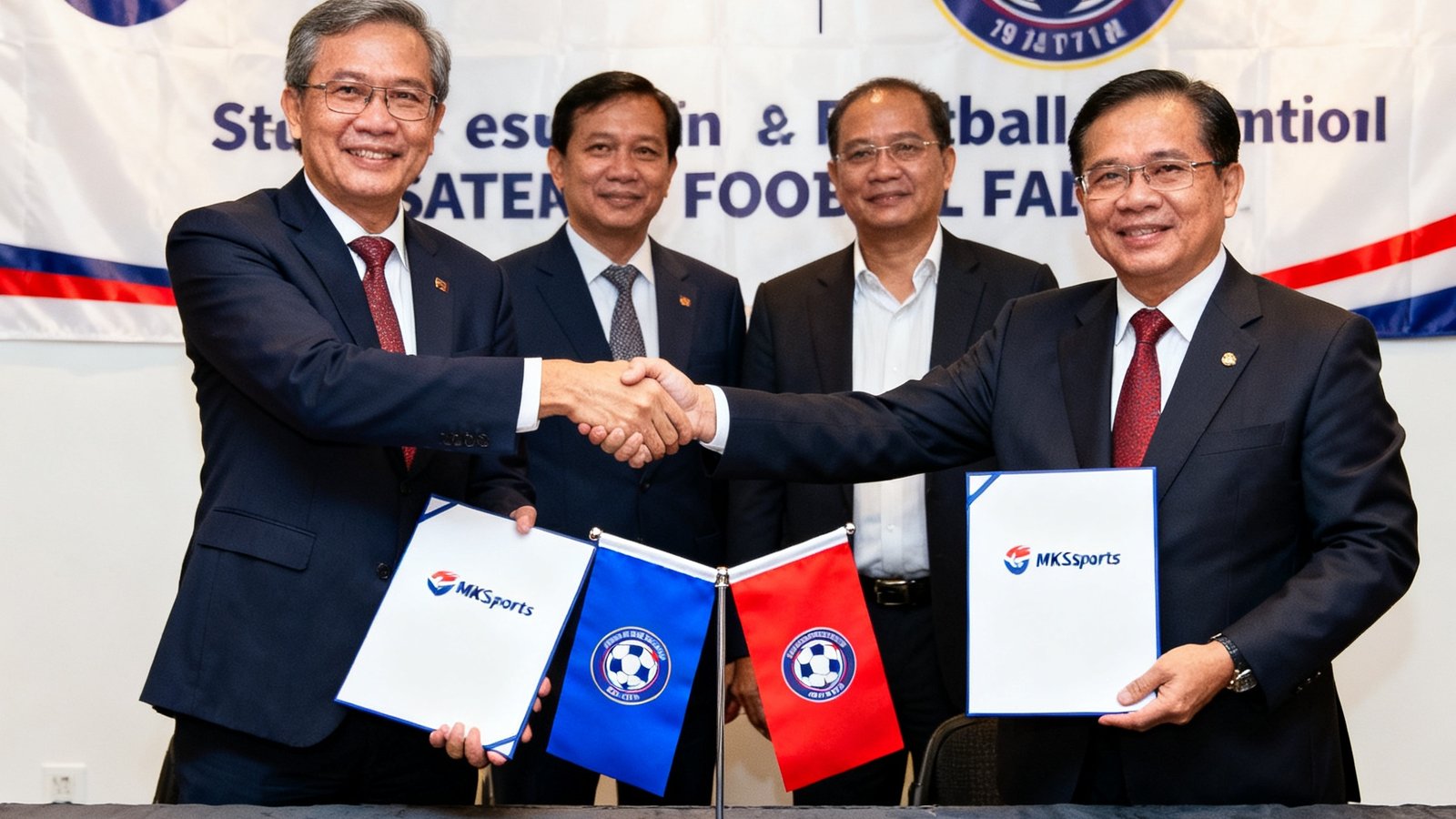 MKSports与东南亚足球联合会签约仪式现场，双方代表在长桌前握手并交换签约文件，背景是两家机构的旗帜和品牌标识，场面正式而隆重。