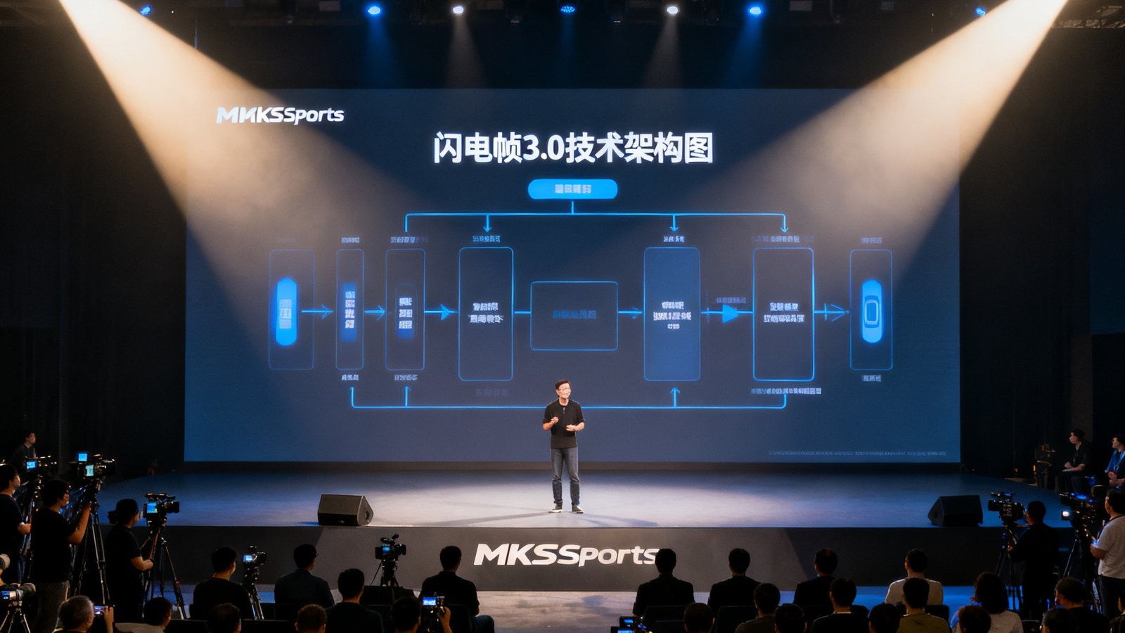 MKSports技术发布会现场，大屏幕显示闪电帧3.0技术架构图，台下坐满媒体记者和行业嘉宾，灯光聚焦在演讲台上。