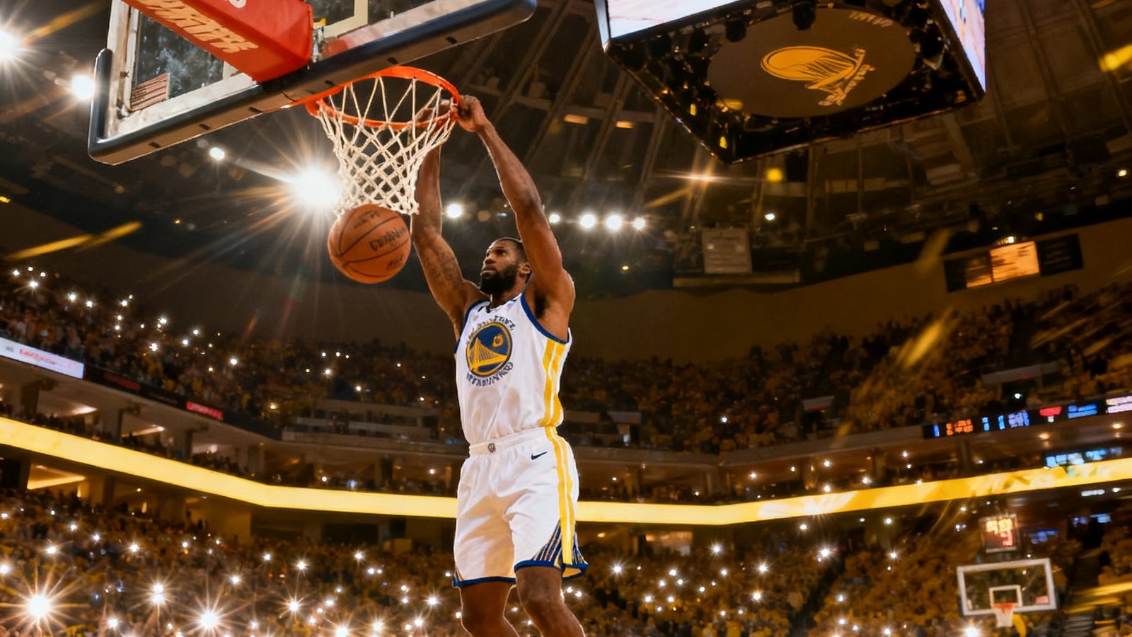 NBA篮球比赛精彩瞬间，一名身穿白色球衣的球员双手暴扣，篮球即将穿过篮筐，观众席上人潮涌动、闪光灯频频亮起，场馆顶部巨型屏幕同步直播这一画面，完美展示MKSports篮球赛事直播的震撼视觉效果。