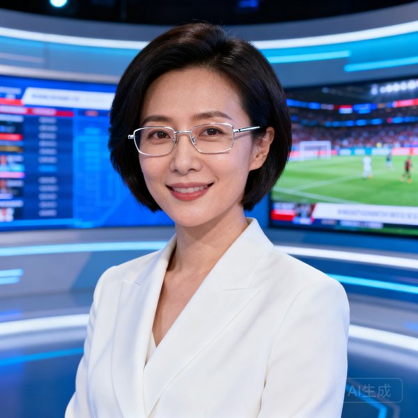 某知名体育媒体女性高管人物肖像，短发干练，佩戴银色细框眼镜，站在充满科技感的演播厅内，身后是LED大屏显示体育新闻界面。